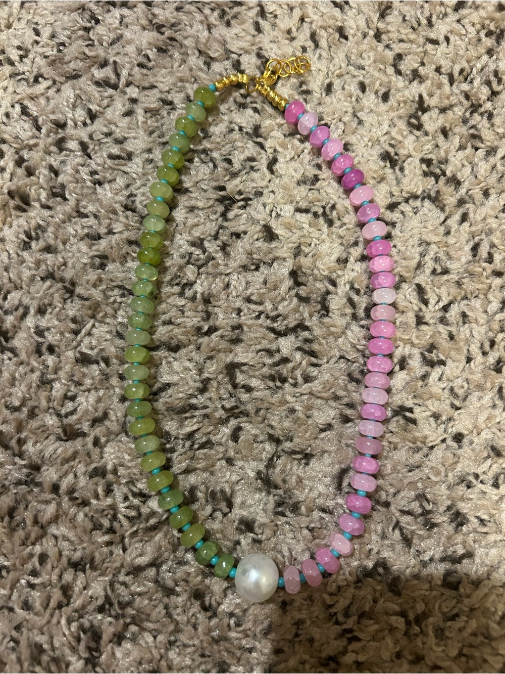 Handmade Pink & Green Beaded Necklace with Pearl Accent